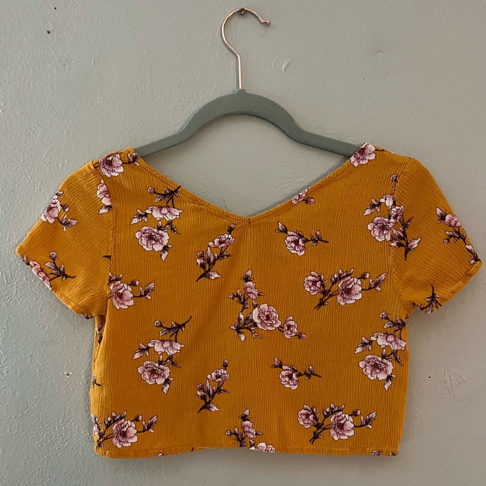 Mustard Floral Crop Top V-Neck - Picture 2 of 3
